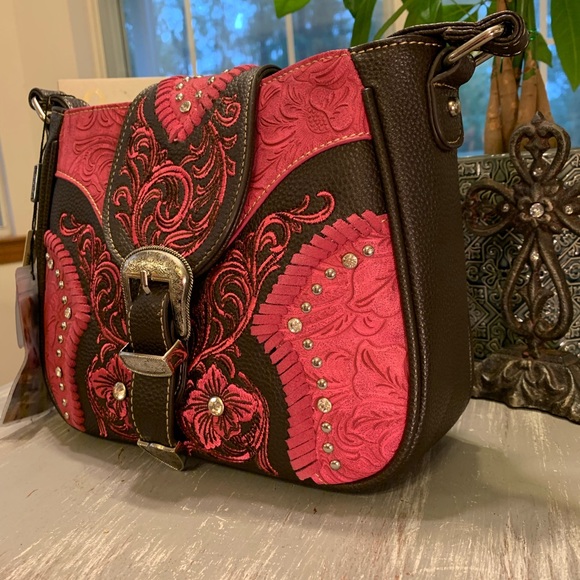 Montana West pink dark brown buckle and rhinestone crossbody NWT - Picture 10 of 16